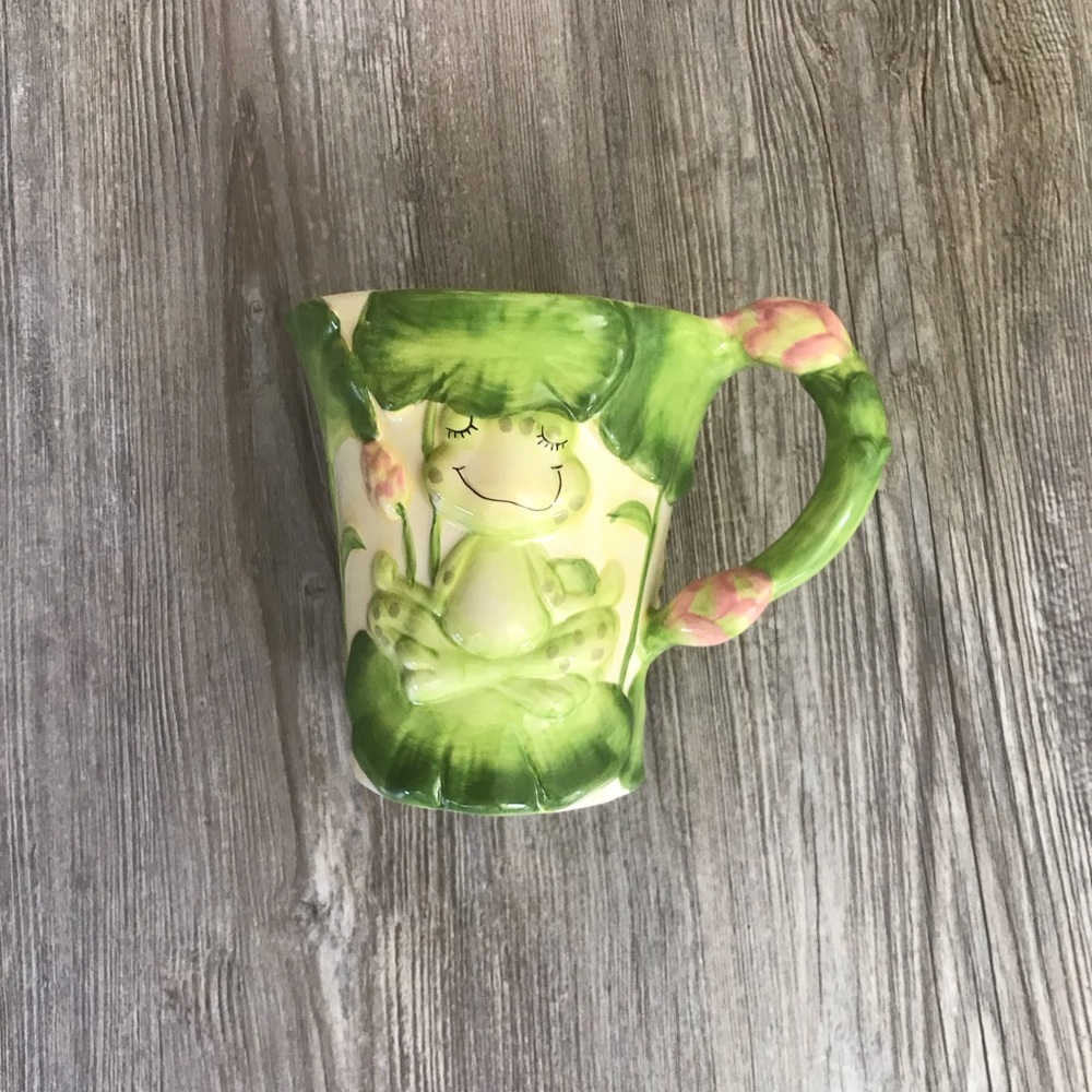 Pier 1 Green Frog Ceramic Mug with Pink Accents